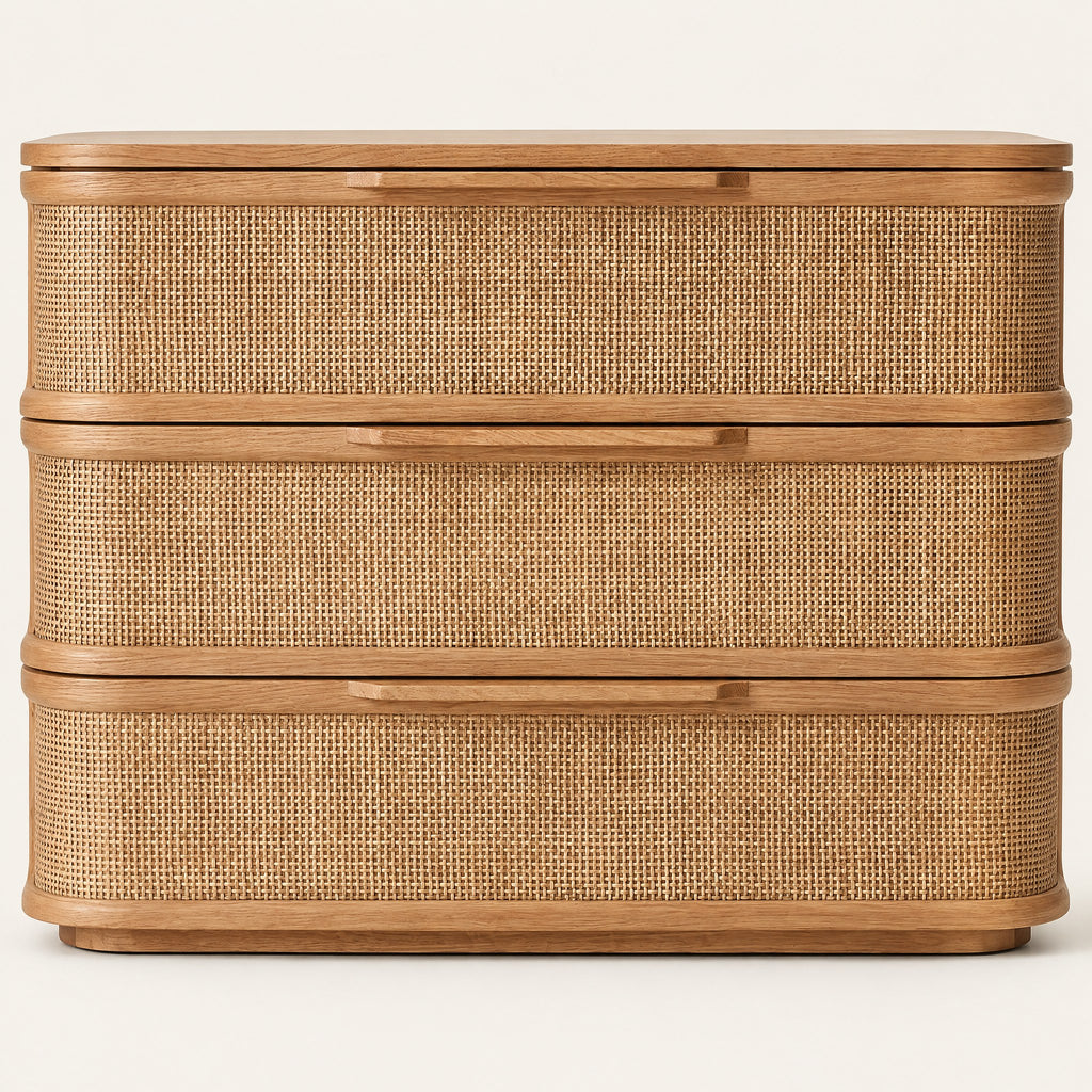 Commode chêne et cannage 3 tiroirs, angles arrondis, vue de face