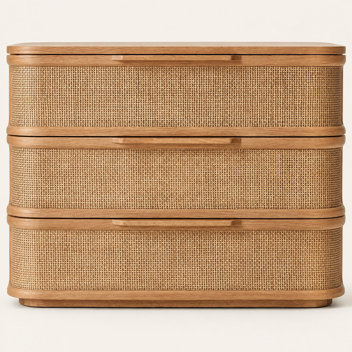 Commode chêne et cannage 3 tiroirs, angles arrondis, vue de face
