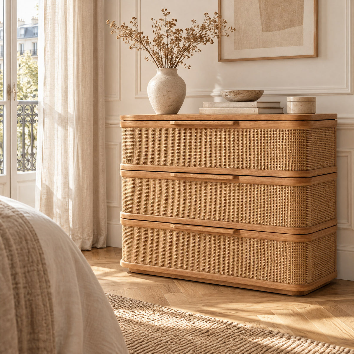 Commode chêne et cannage 3 tiroirs, angles arrondis dans une chambre