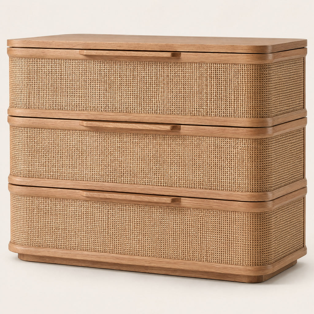 Commode chêne et cannage 3 tiroirs, angles arrondis, vue de trois quarts