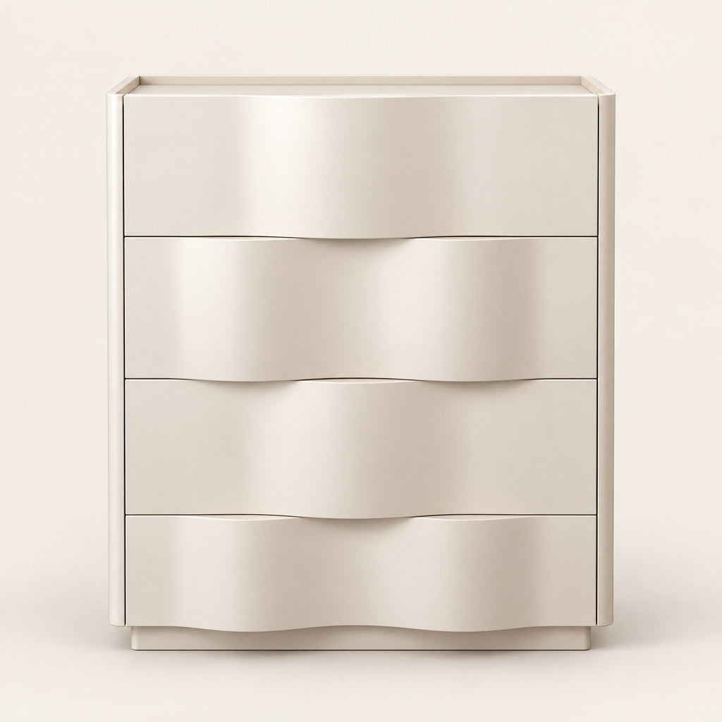 Commode crème 4 tiroirs, façades ondulées, vue de face