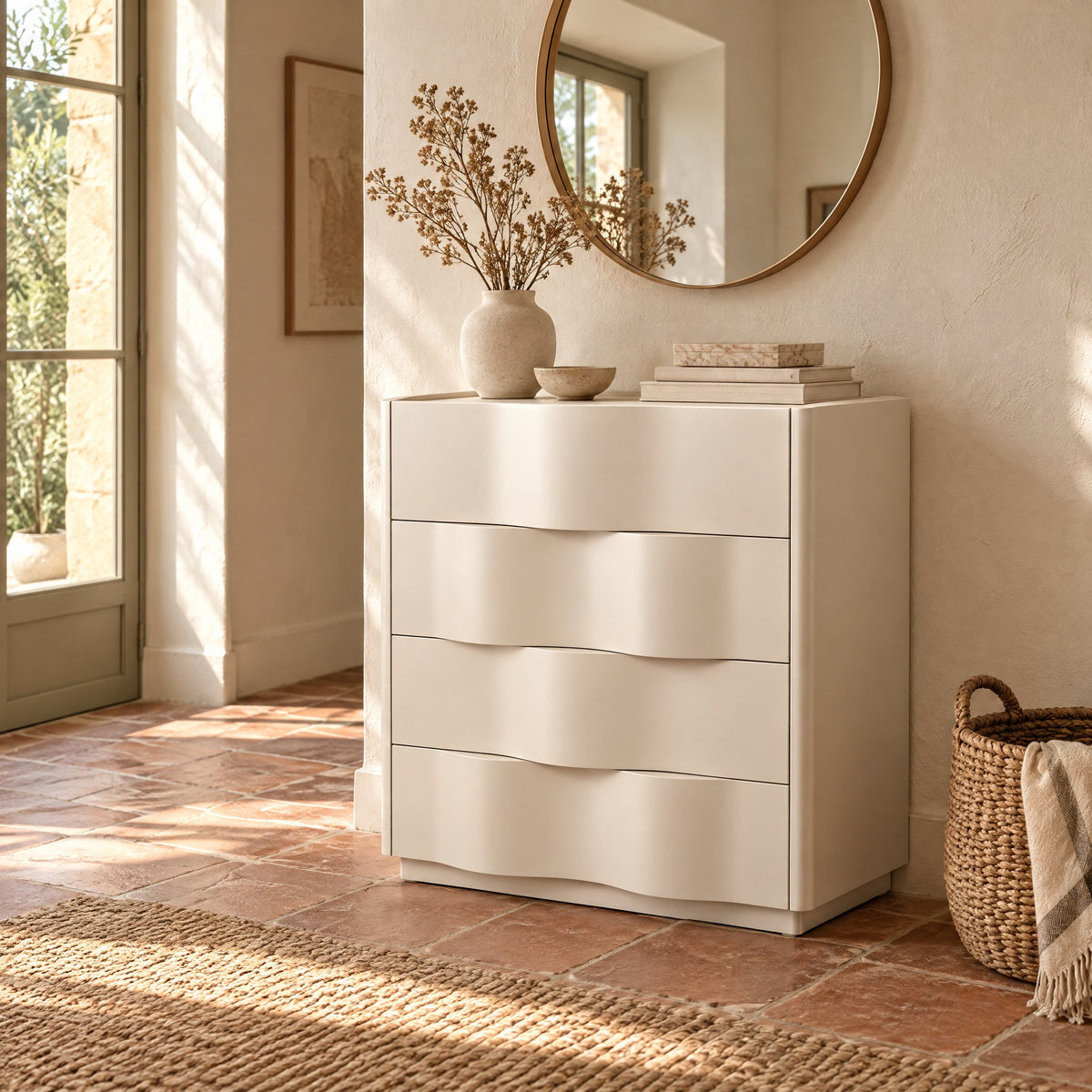 Commode crème 4 tiroirs, façades ondulées dans une entrée