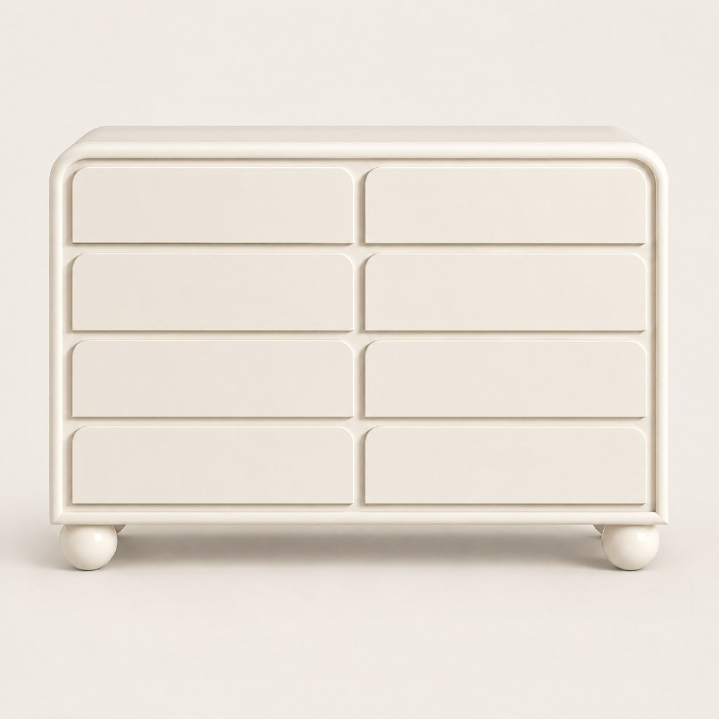 Commode crème 8 tiroirs, pieds boule, vue de face