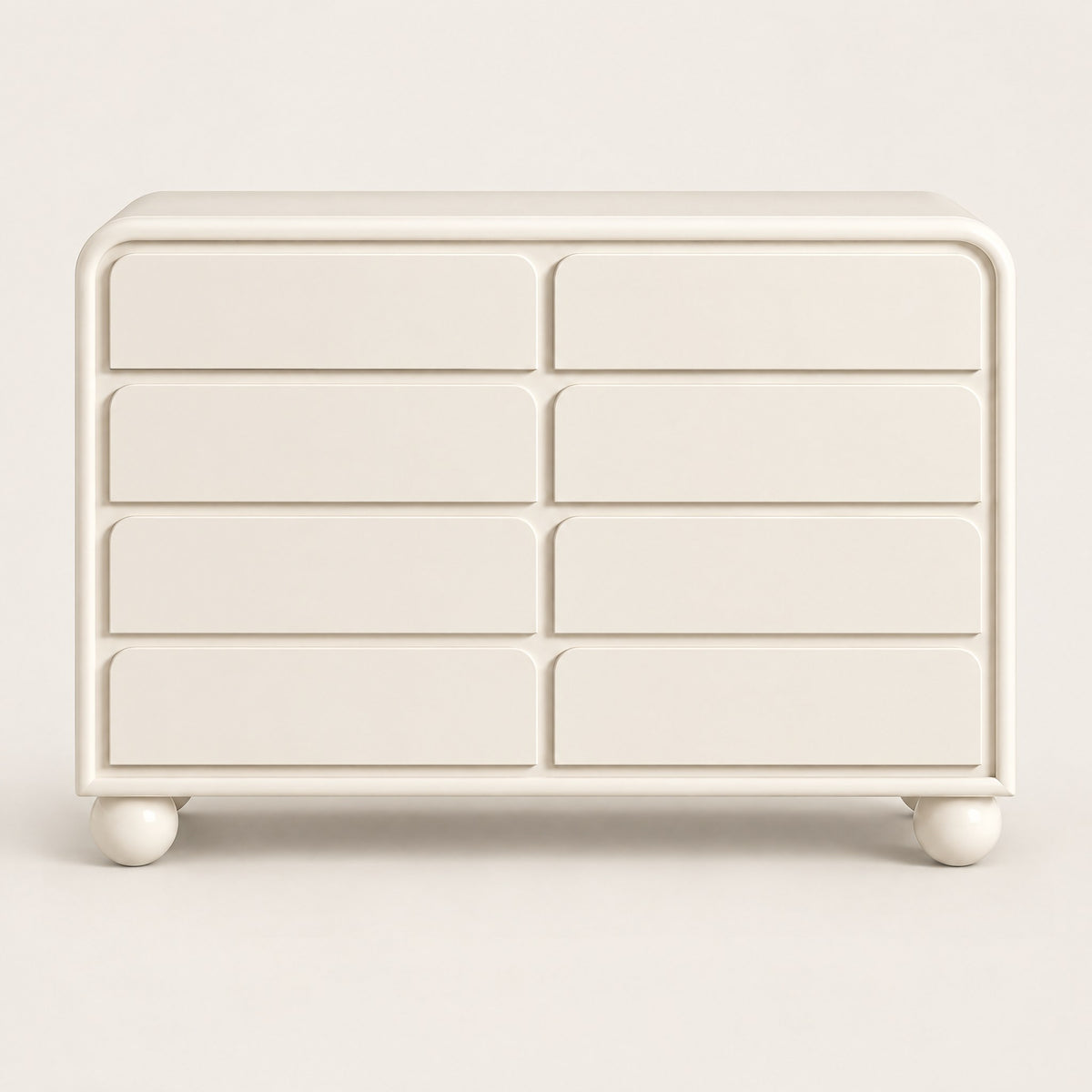 Commode crème 8 tiroirs, pieds boule, vue de face