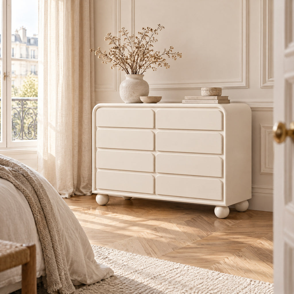 Commode crème 8 tiroirs, pieds boule dans une chambre