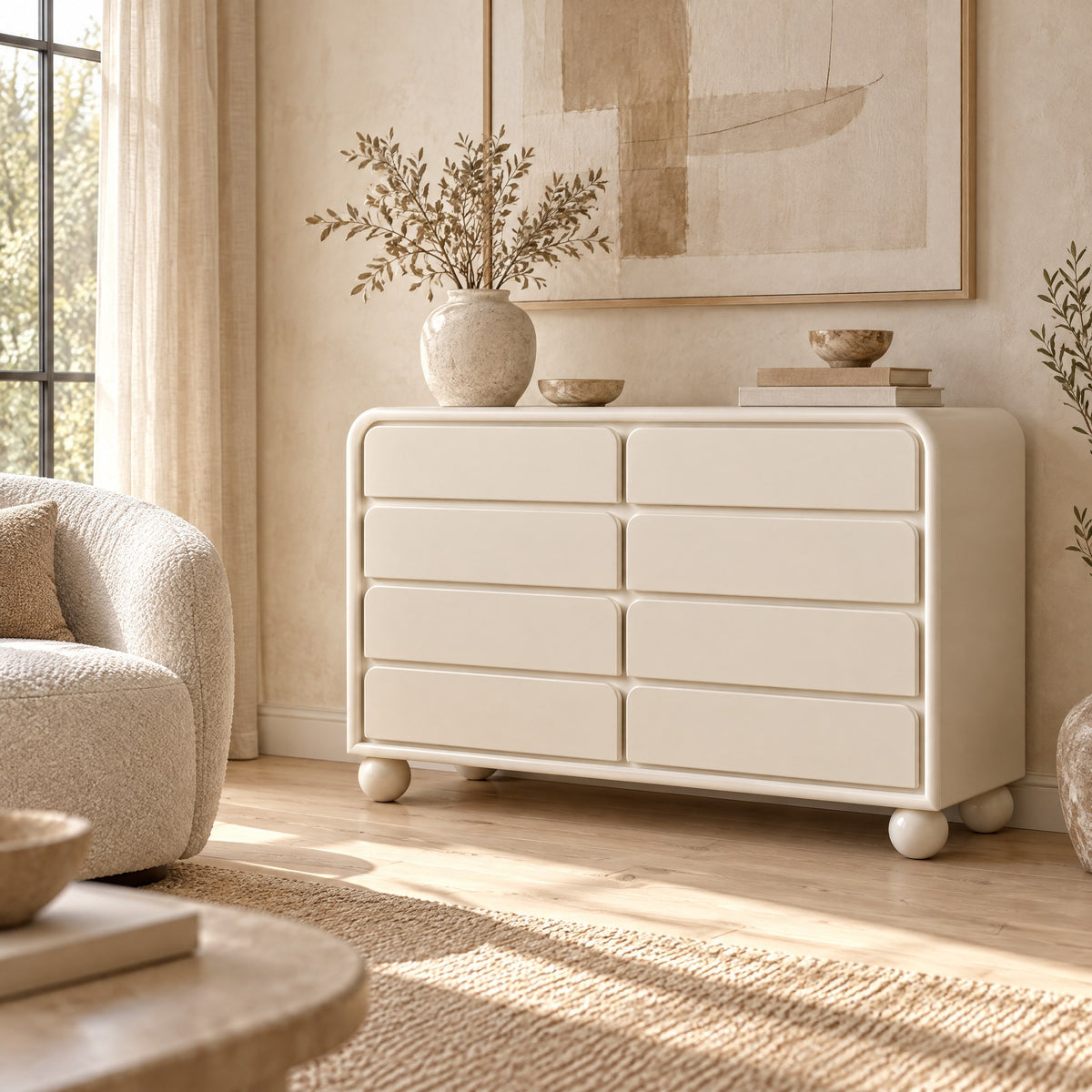 Commode crème 8 tiroirs, pieds boule dans un salon