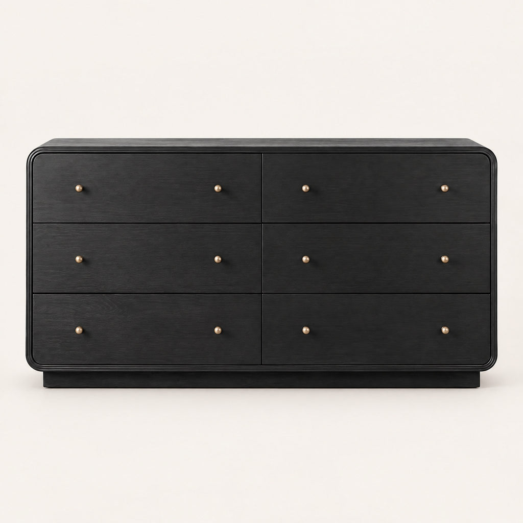 Commode noire 6 tiroirs, bords arrondis, vue de face