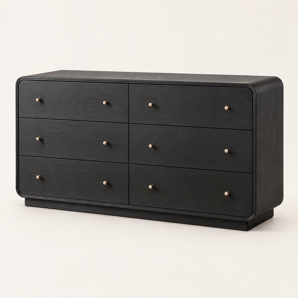 Commode noire 6 tiroirs, bords arrondis, vue de trois quarts