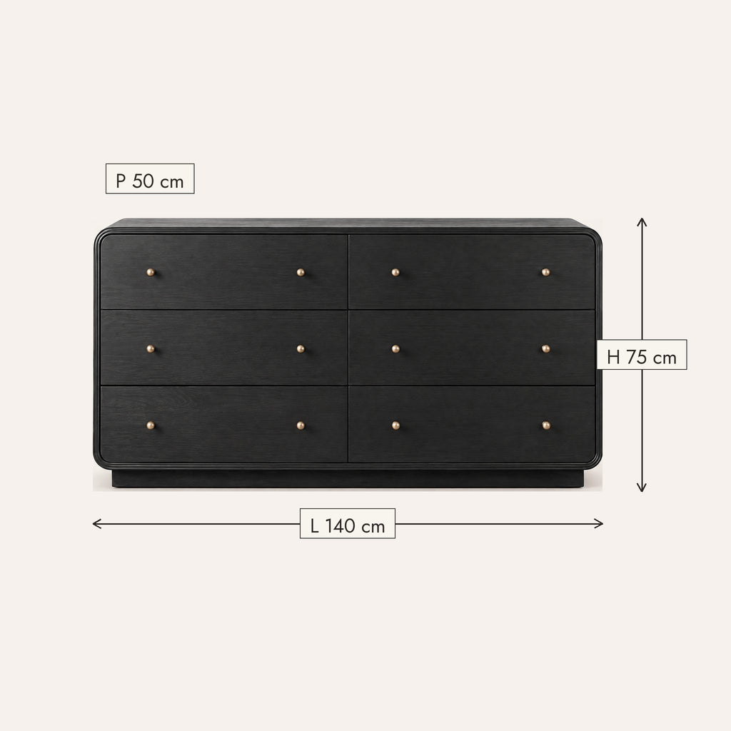Commode noire 6 tiroirs, bords arrondis, dimensions