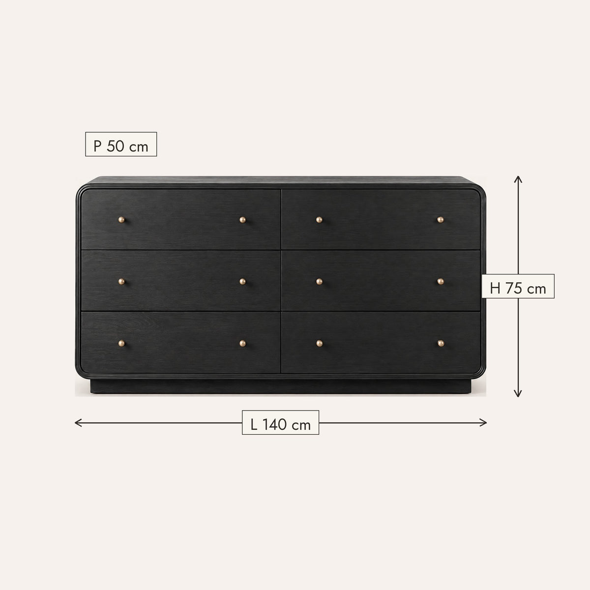 Commode noire 6 tiroirs, bords arrondis, dimensions