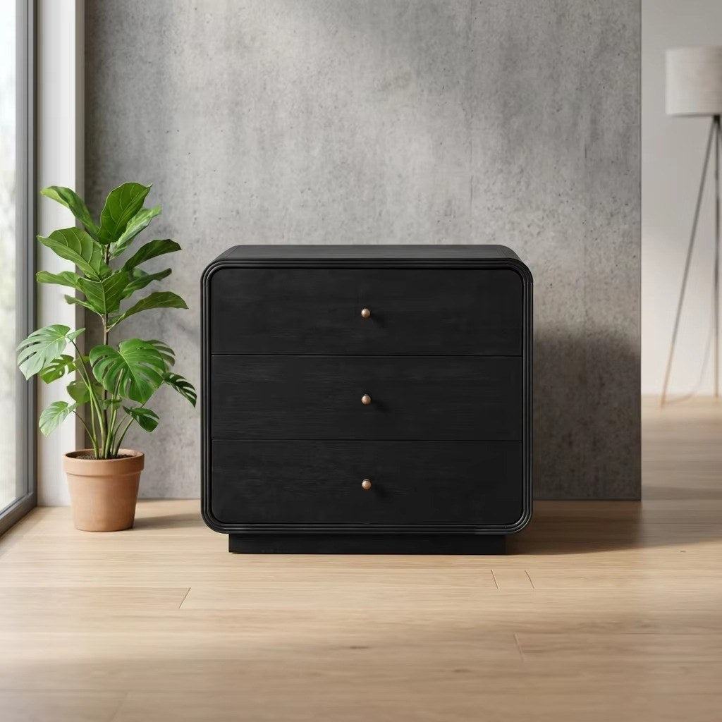 Commode noire 6 tiroirs, bords arrondis, mise en situation