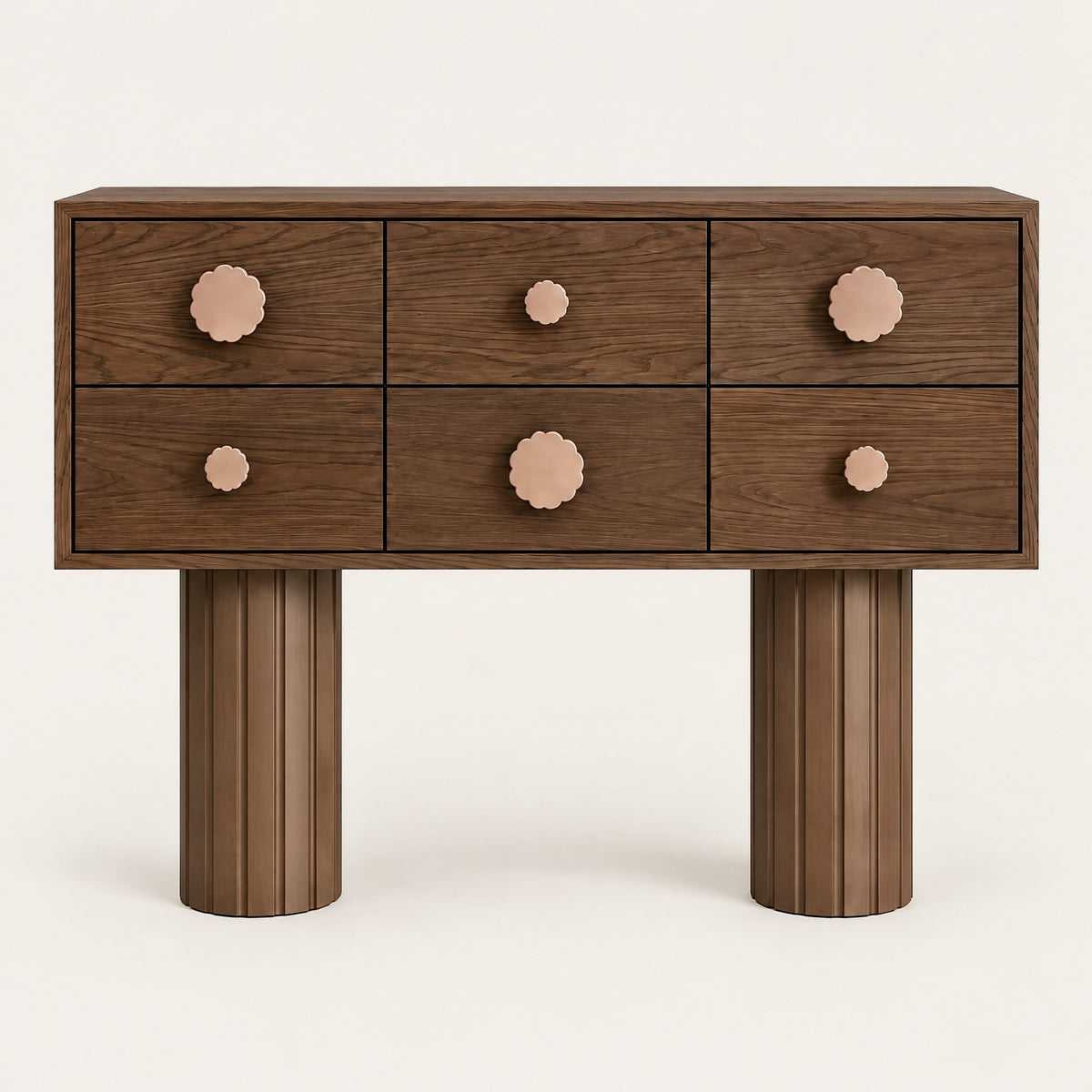 Commode noyer 6 tiroirs sur pieds colonnes cannelés, vue de face