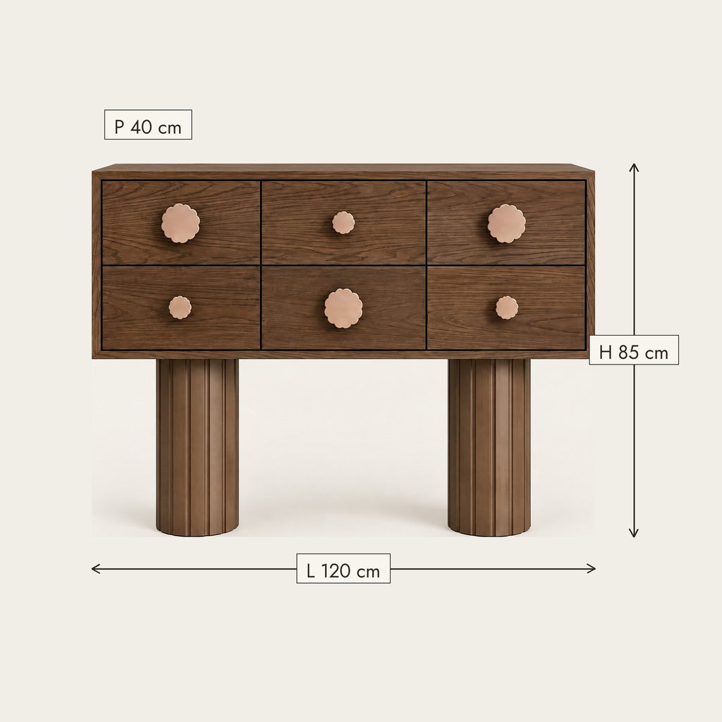 Commode noyer 6 tiroirs sur pieds colonnes cannelés, dimensions