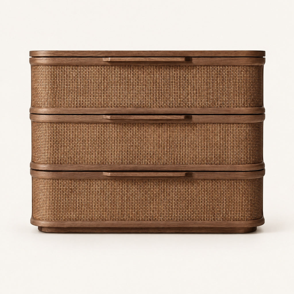 Commode noyer et rotin 3 tiroirs, bords arrondis, vue de face