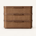 Commode noyer et rotin 3 tiroirs, bords arrondis, vue de face