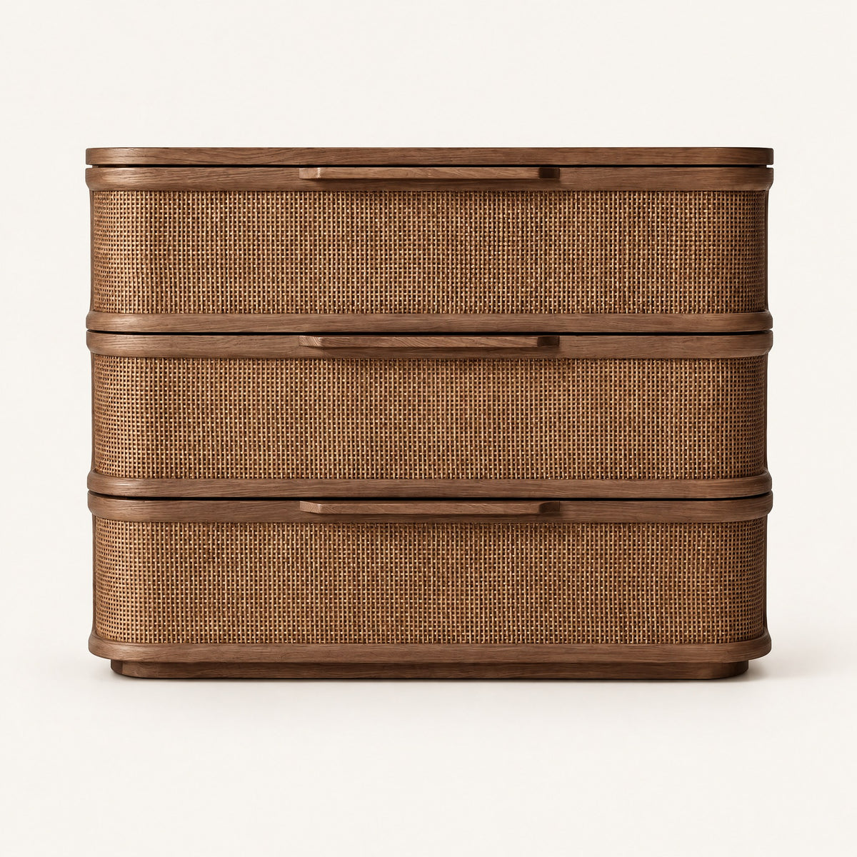 Commode noyer et rotin 3 tiroirs, bords arrondis, vue de face