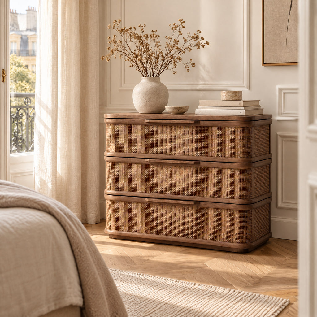 Commode noyer et rotin 3 tiroirs, bords arrondis dans une chambre