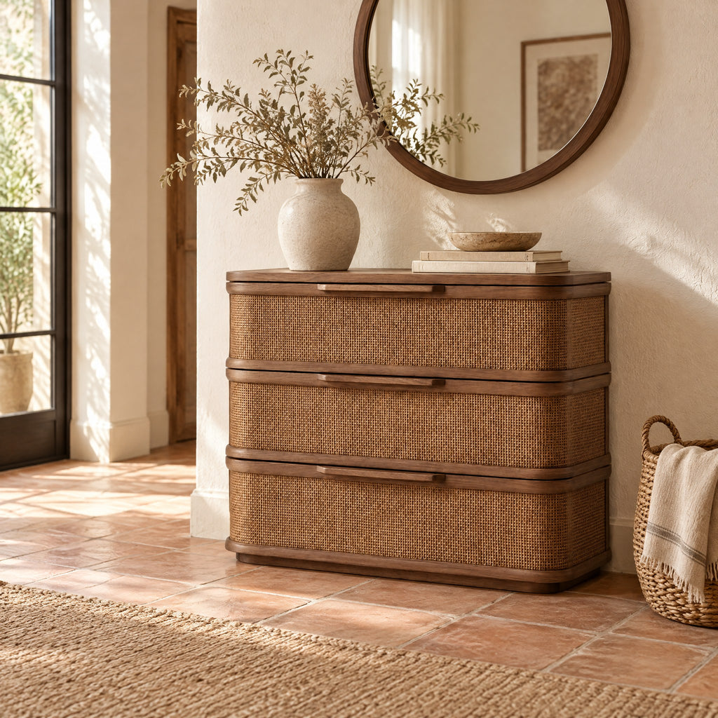 Commode noyer et rotin 3 tiroirs, bords arrondis dans une entrée