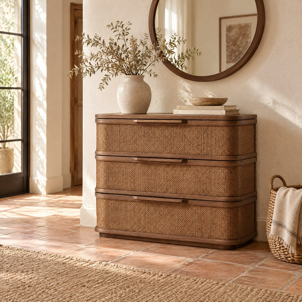 Commode noyer et rotin 3 tiroirs, bords arrondis dans une entrée