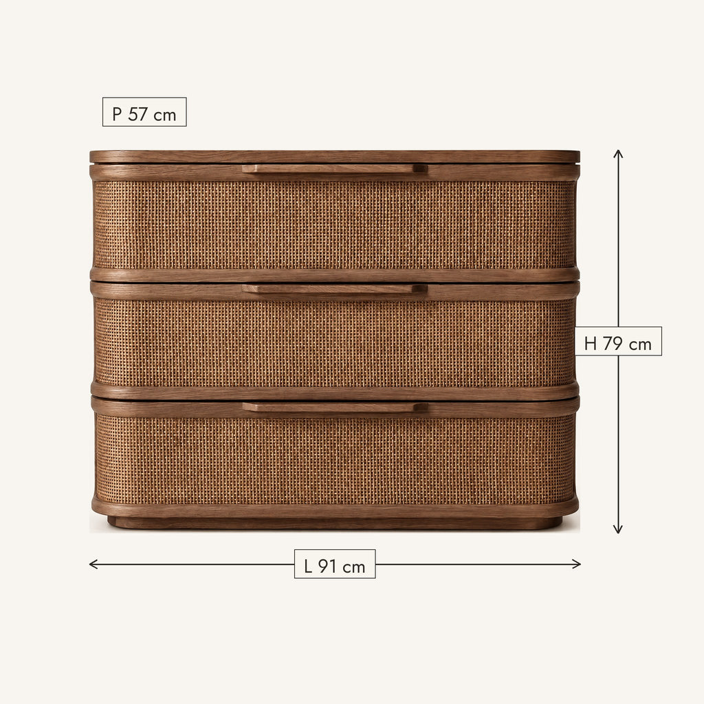 Commode noyer et rotin 3 tiroirs, bords arrondis, dimensions