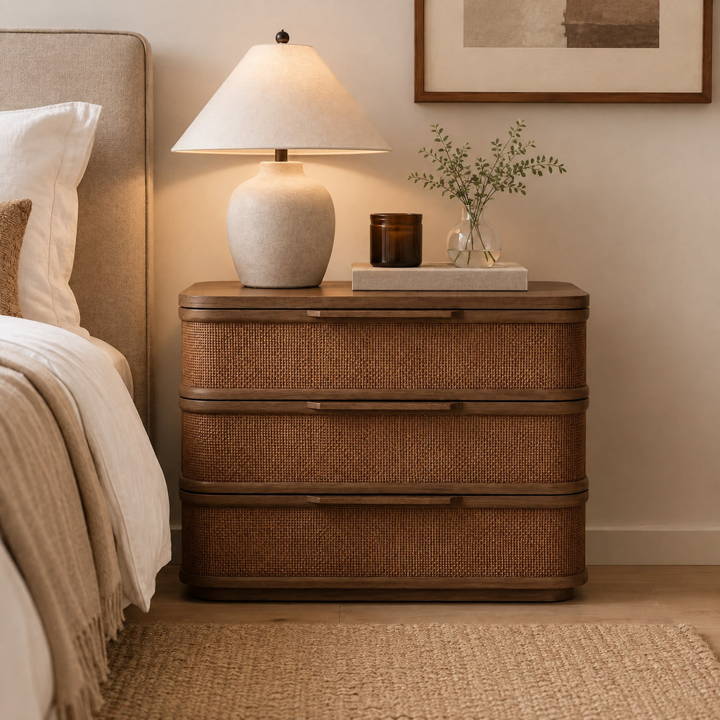 Commode noyer et rotin, à côté d'un lit