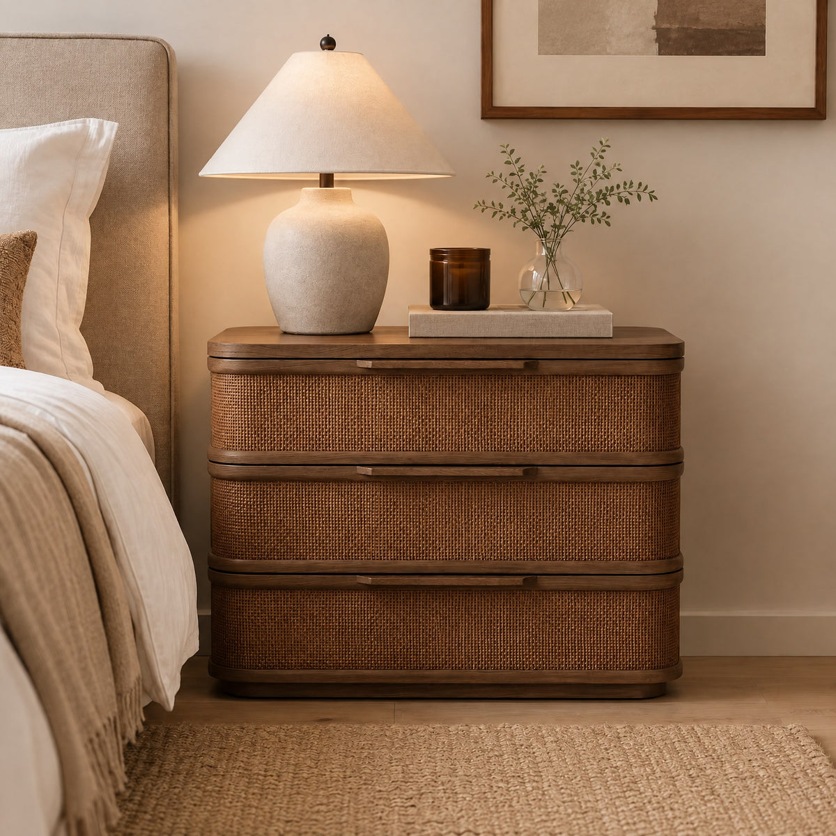 Commode noyer et rotin, à côté d'un lit