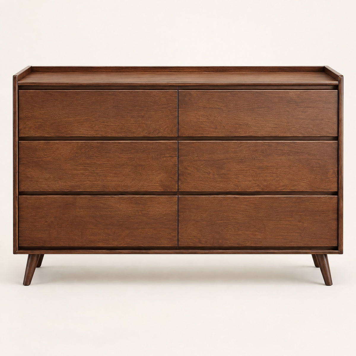 Commode vintage 6 tiroirs noyer, poignées intégrées, vue de face