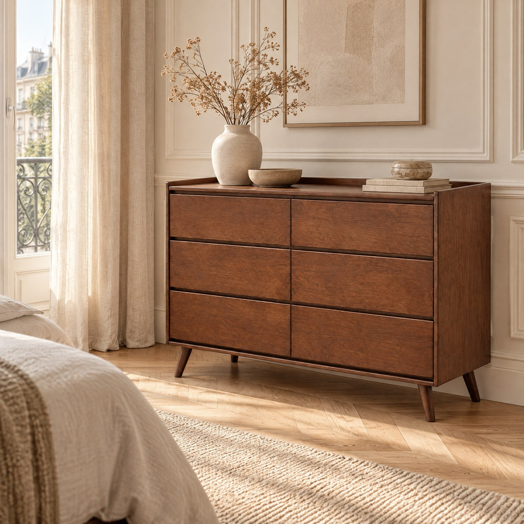 Commode vintage 6 tiroirs noyer, poignées intégrées dans une chambre