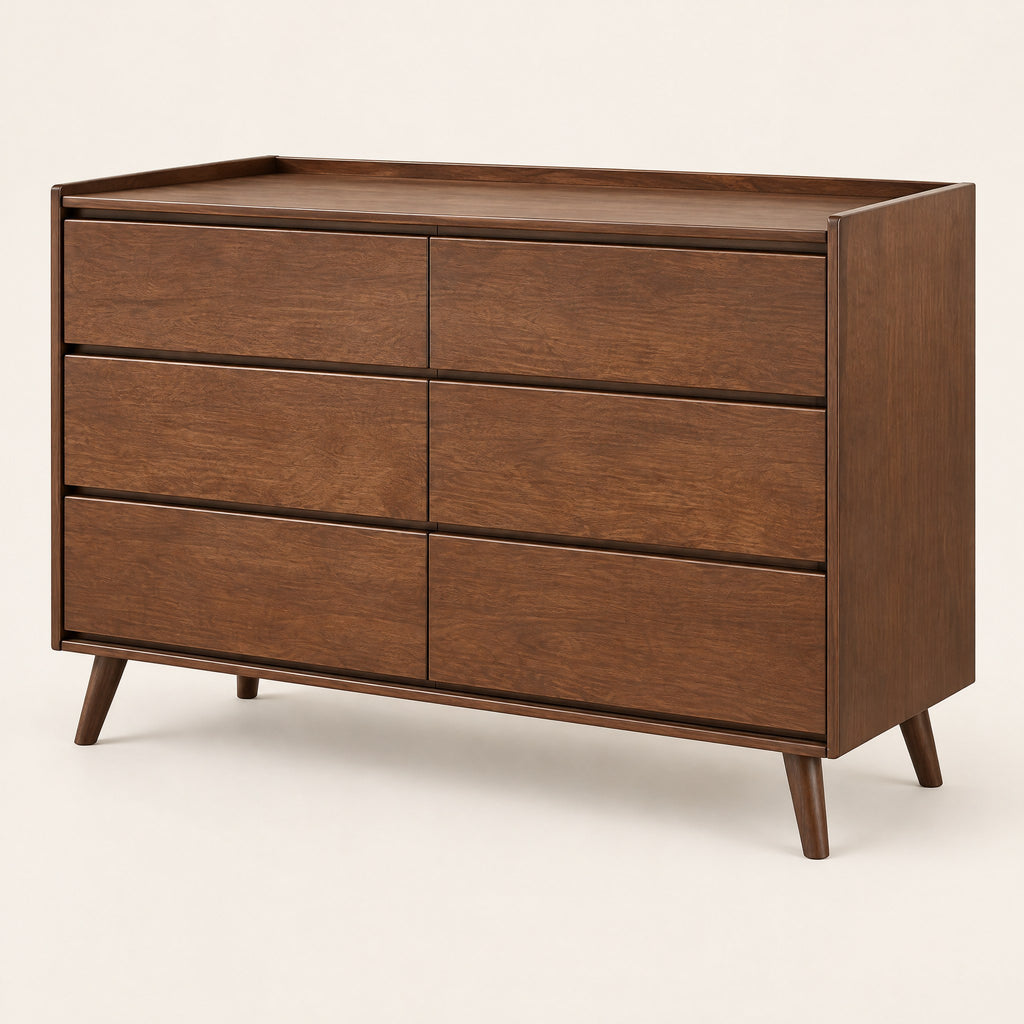Commode vintage 6 tiroirs noyer, poignées intégrées, vue de trois quarts