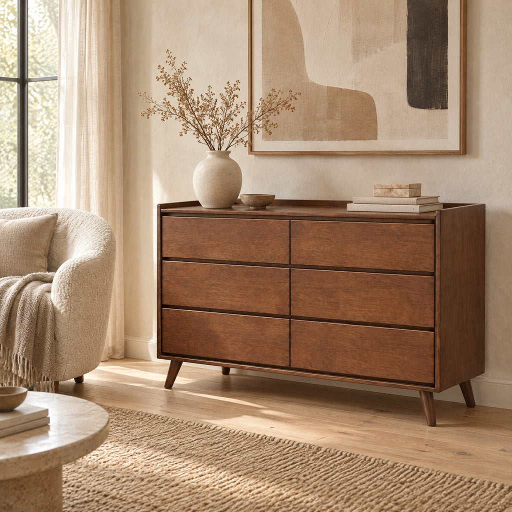 Commode vintage 6 tiroirs noyer, poignées intégrées dans un salon
