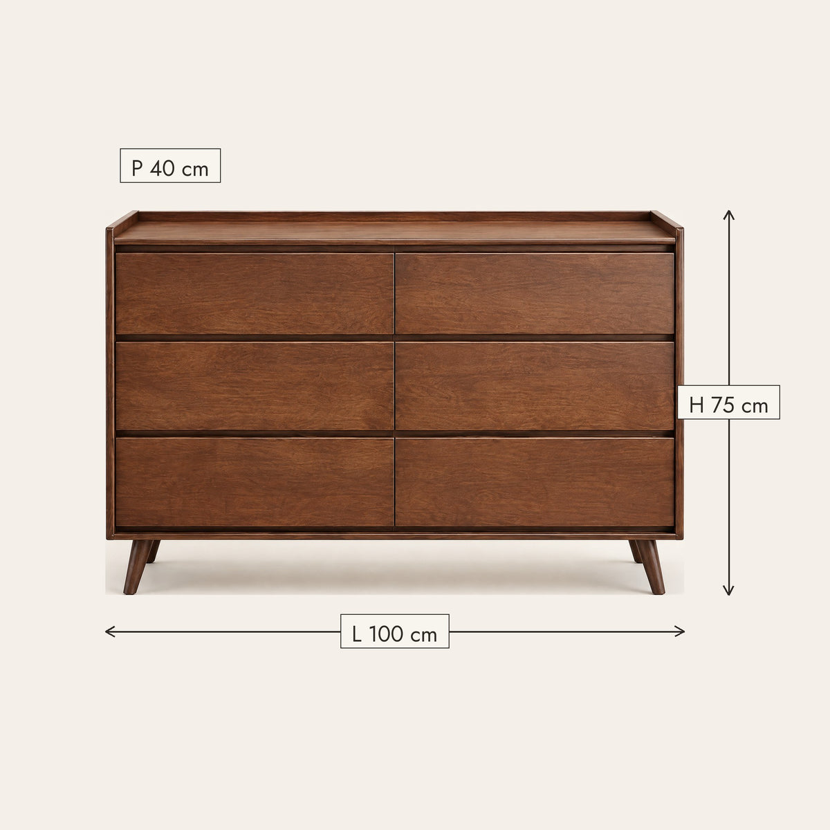 Commode vintage 6 tiroirs noyer, poignées intégrées, dimensions