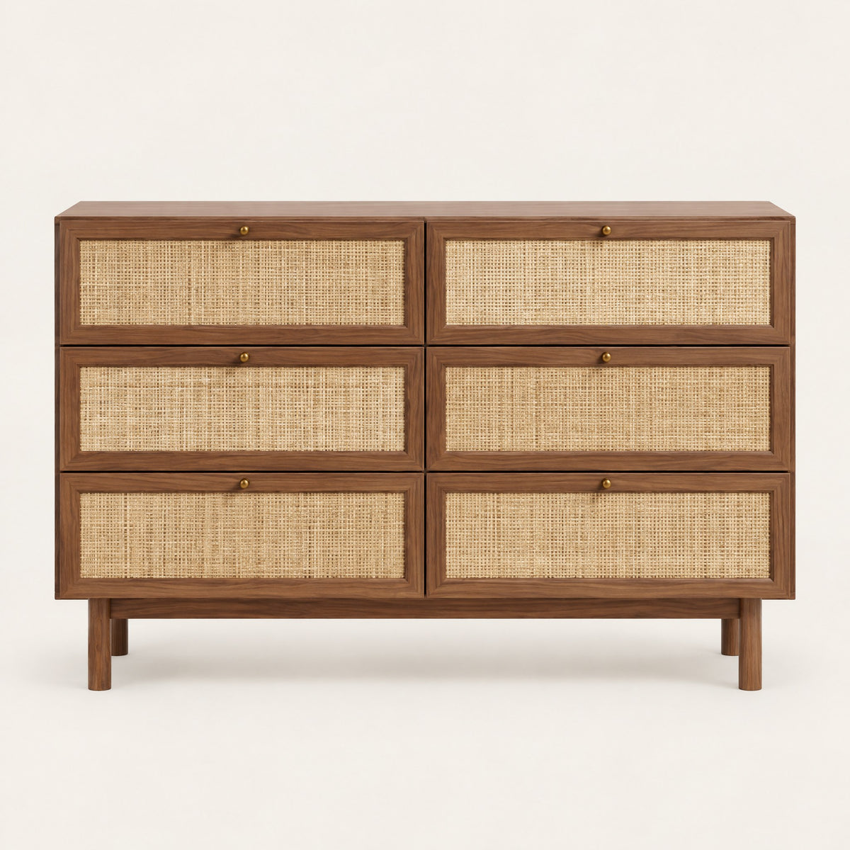 Commode vintage noyer et cannage 6 tiroirs, vue de face