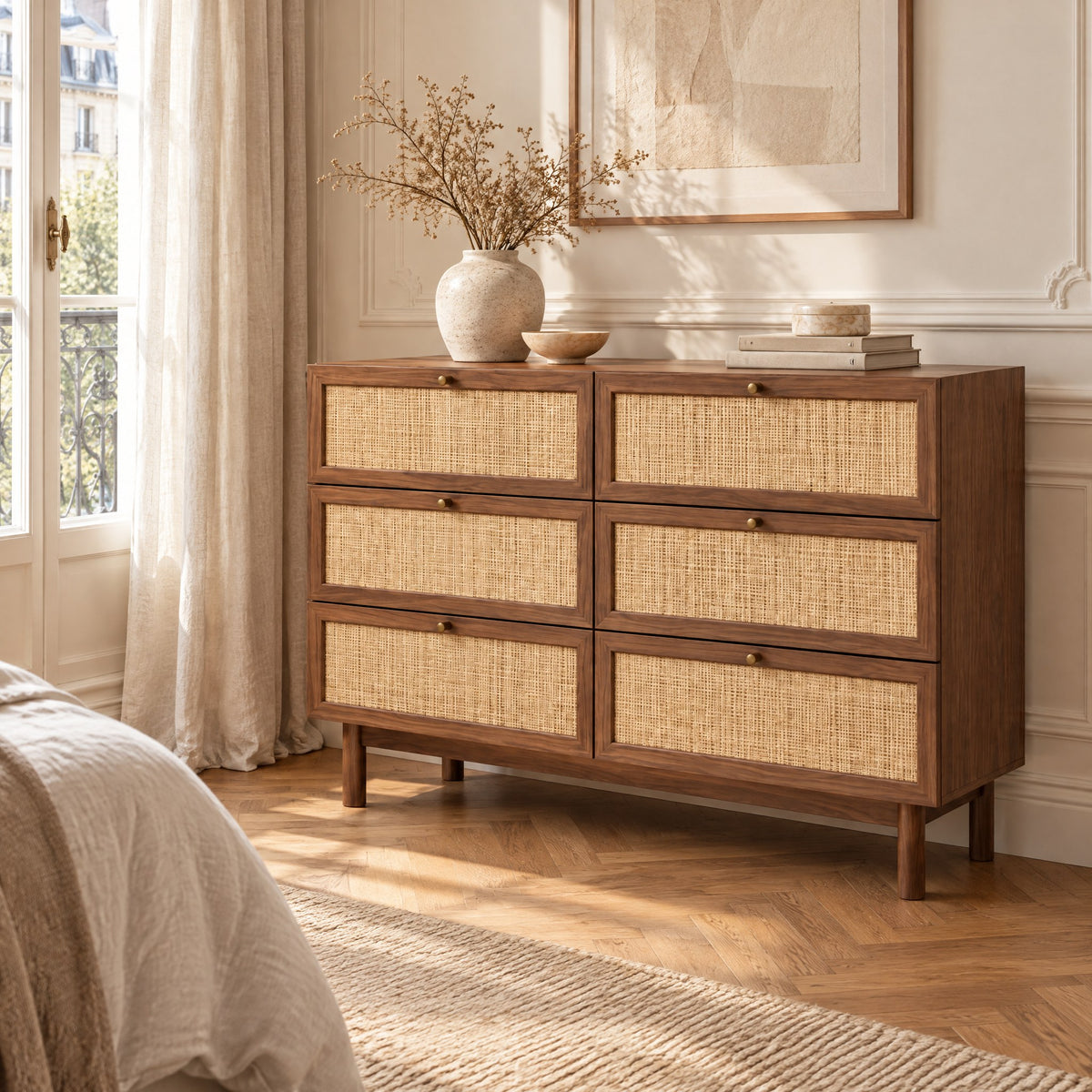 Commode vintage noyer et cannage 6 tiroirs dans une chambre