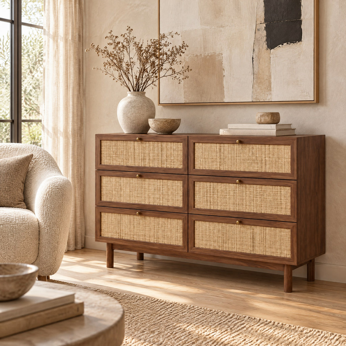 Commode vintage noyer et cannage 6 tiroirs dans un salon