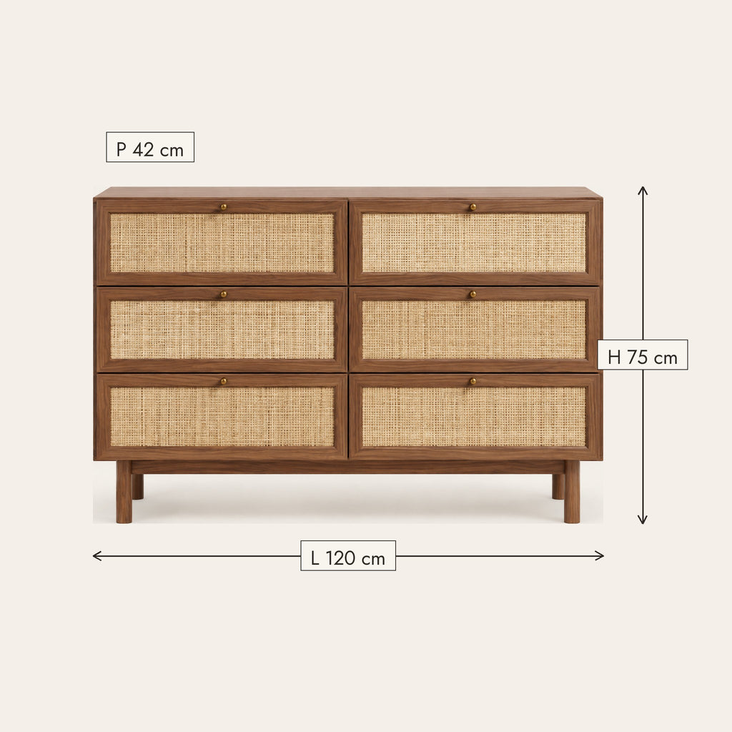 Commode vintage noyer et cannage 6 tiroirs, dimensions