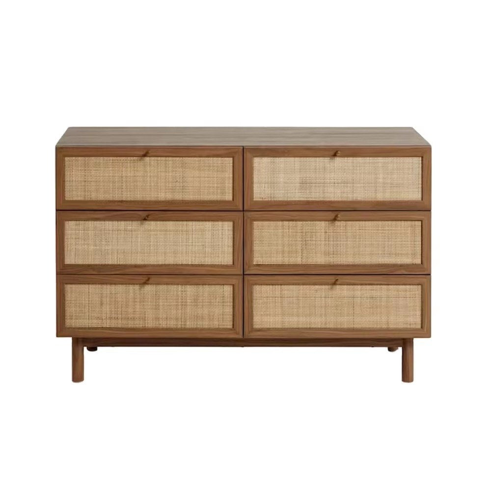 Commode vintage noyer et cannage 6 tiroirs, mise en situation