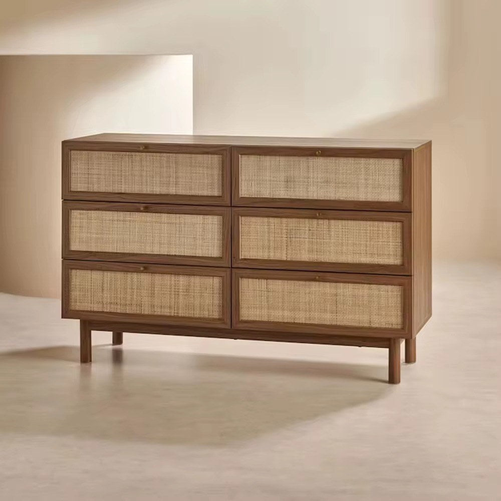 Commode vintage noyer et cannage 6 tiroirs, mise en situation