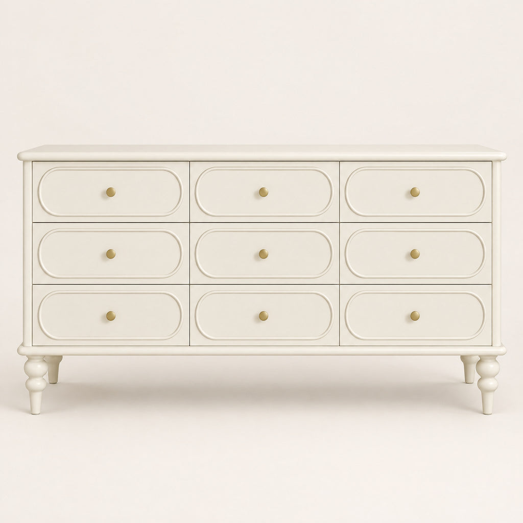 Grande commode crème 9 tiroirs, pieds tournés, vue de face