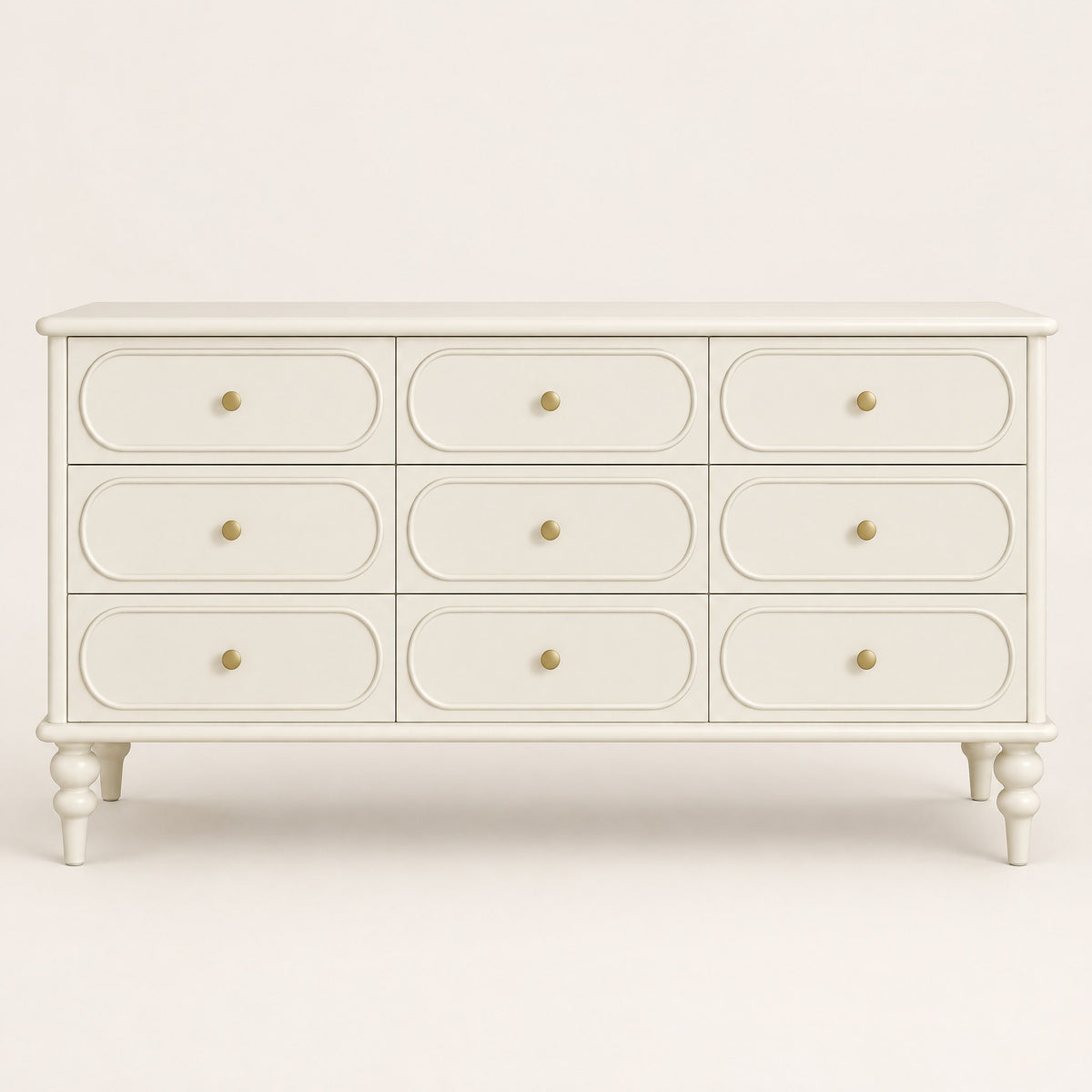 Grande commode crème 9 tiroirs, pieds tournés, vue de face