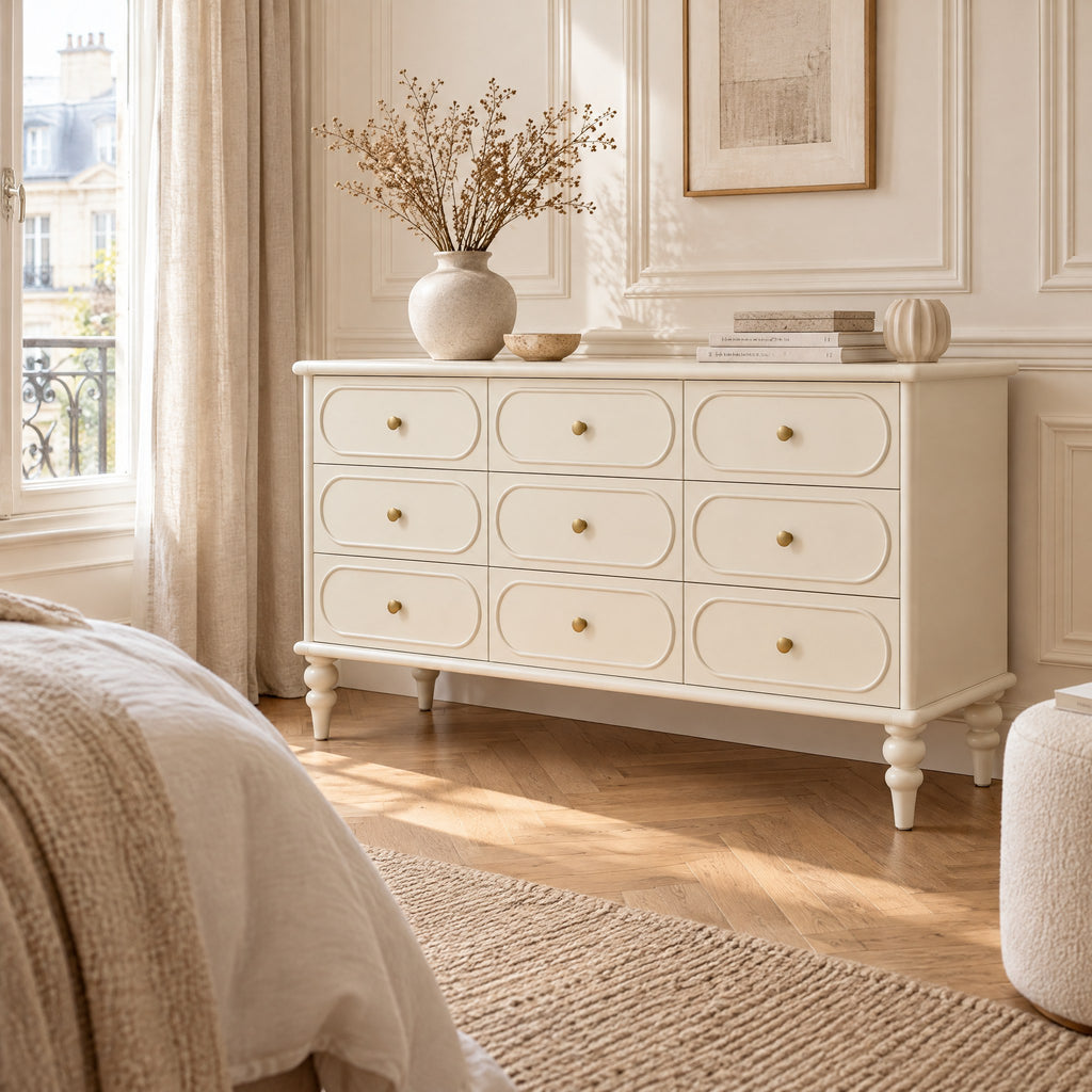 Grande commode crème 9 tiroirs, pieds tournés dans une chambre