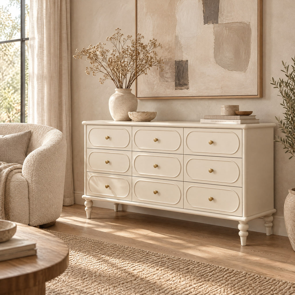 Grande commode crème 9 tiroirs, pieds tournés dans un salon