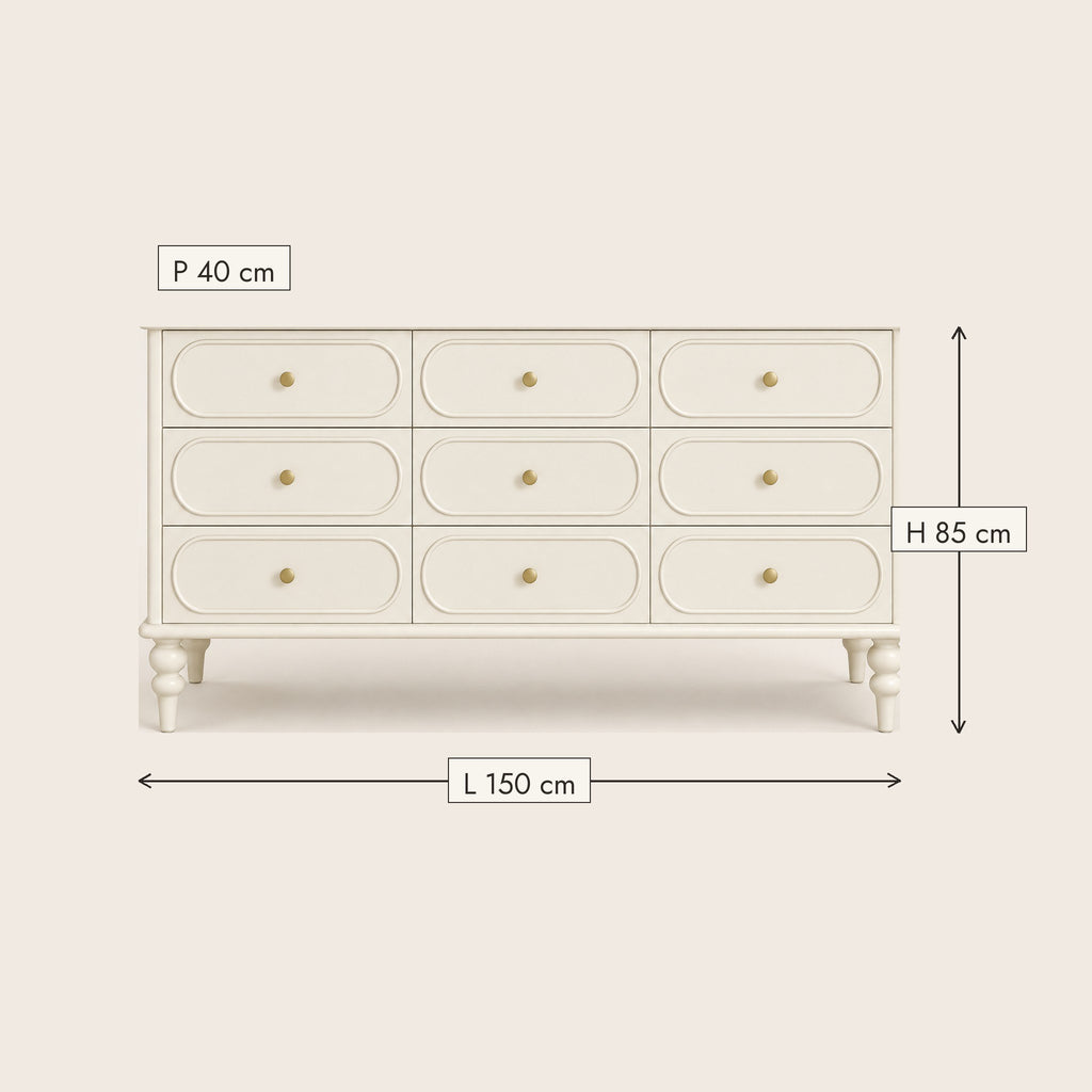 Grande commode crème 9 tiroirs, pieds tournés, dimensions