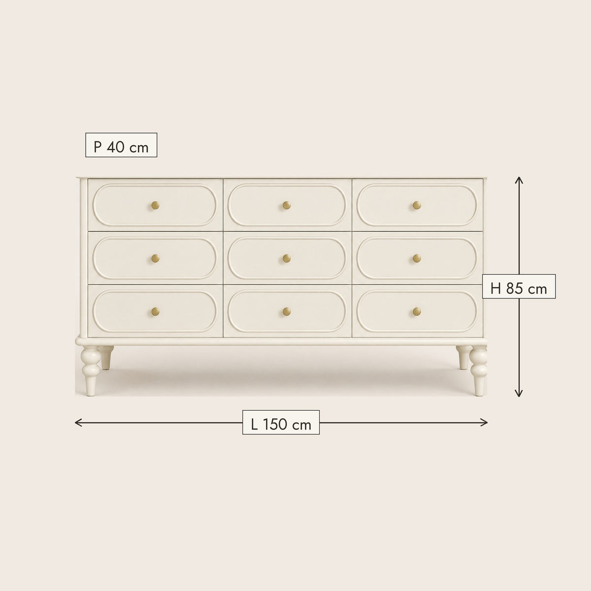 Grande commode crème 9 tiroirs, pieds tournés, dimensions