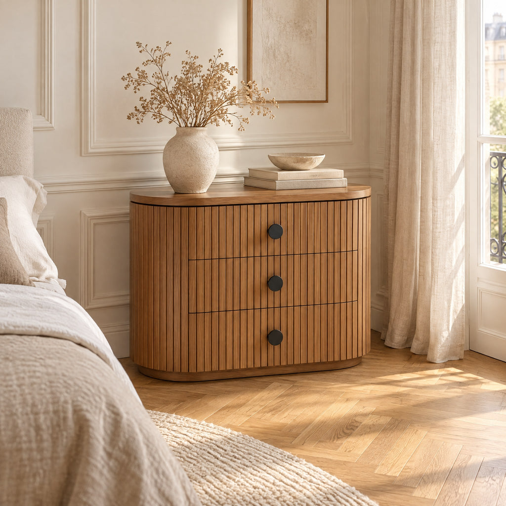 Petite commode ovale cannelée 3 tiroirs dans une chambre