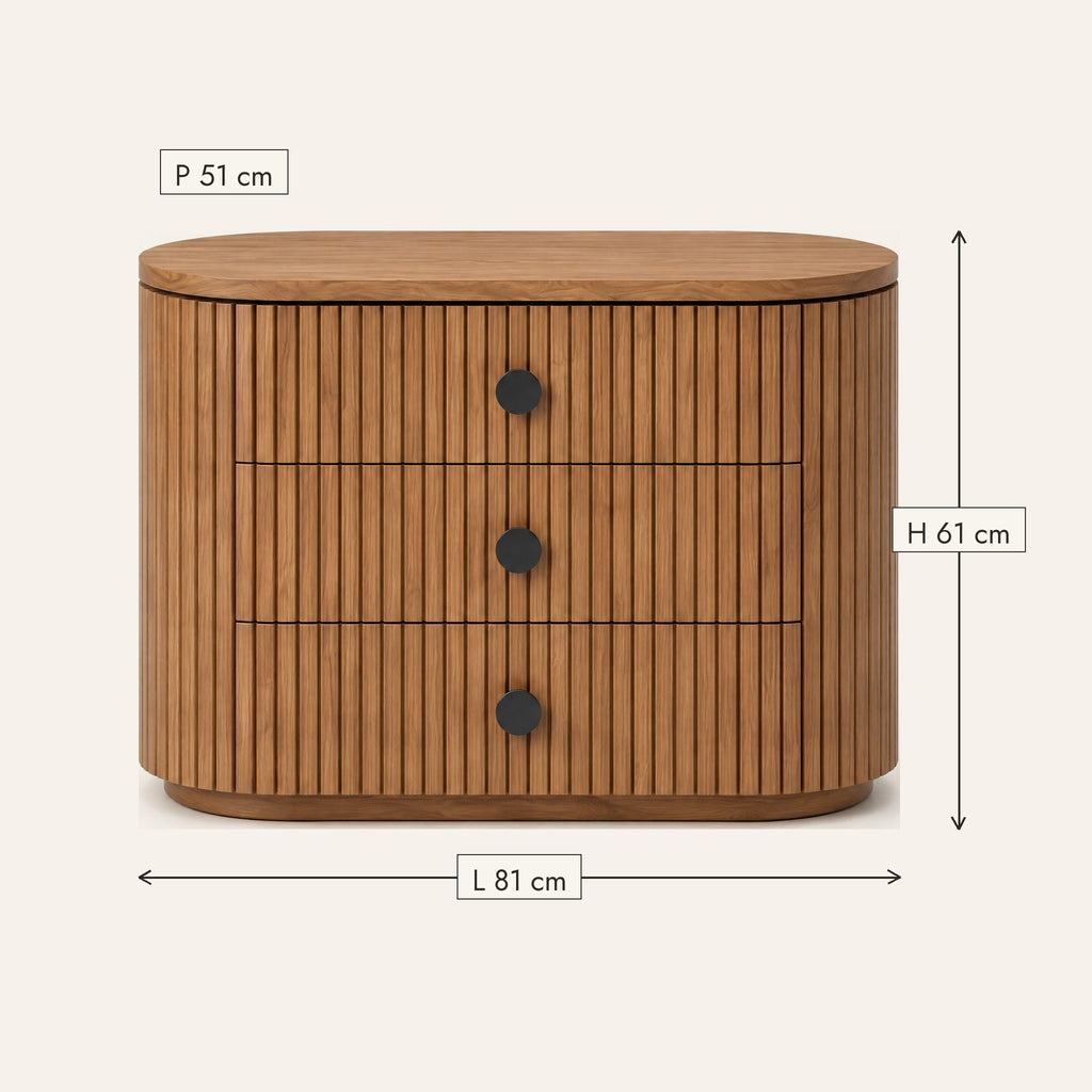 Petite commode ovale cannelée 3 tiroirs, dimensions