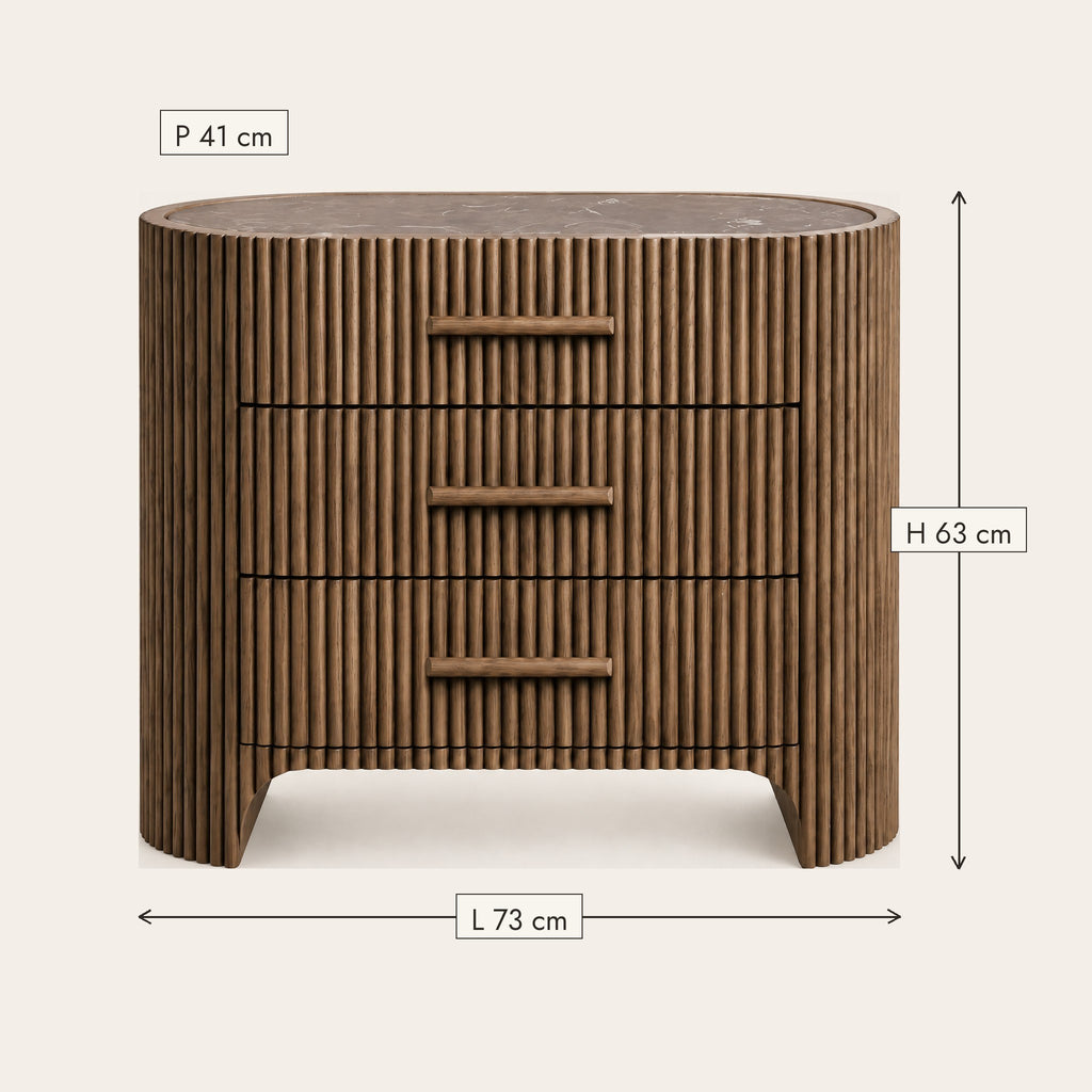 Petite commode ovale cannelée, plateau effet marbre, dimensions