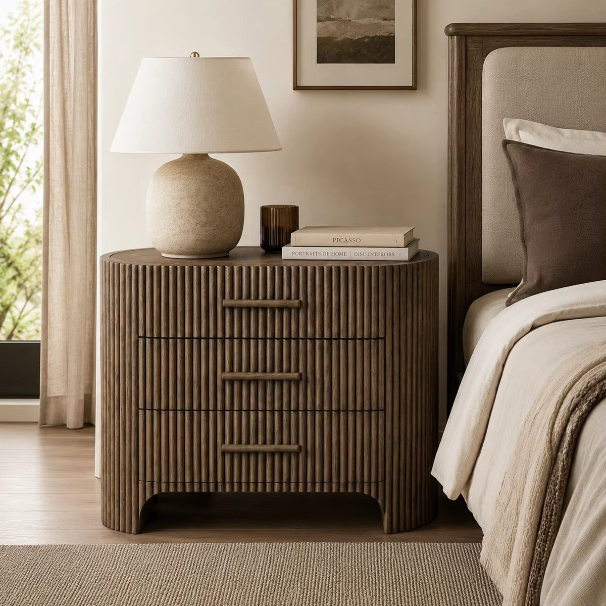 Petite commode ovale cannelée, plateau effet marbre, mise en situation