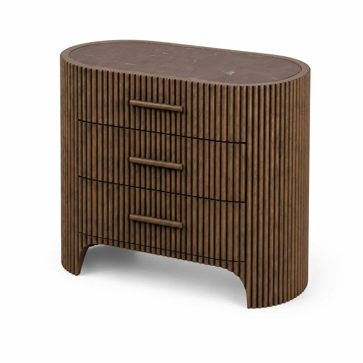 Petite commode ovale cannelée, plateau effet marbre, mise en situation