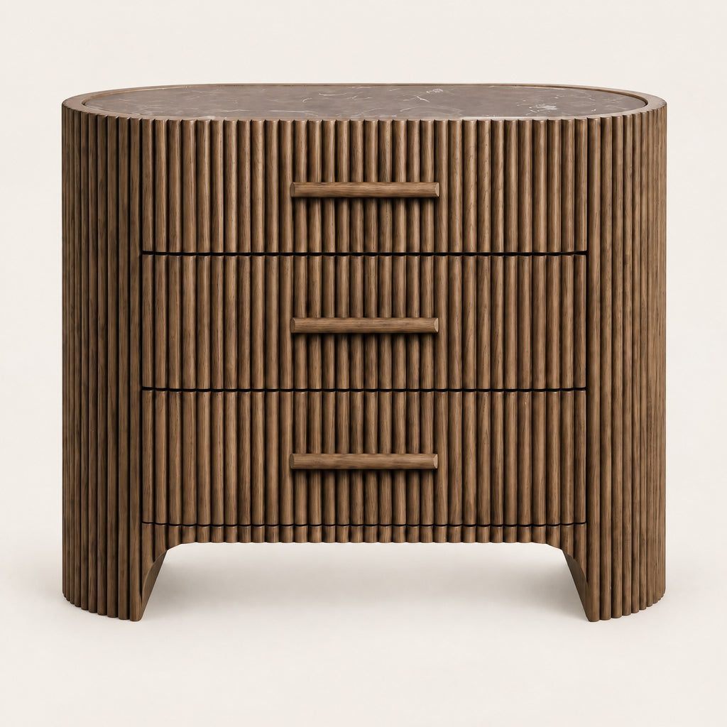 Petite commode ovale cannelée, plateau en marbre, vue de face