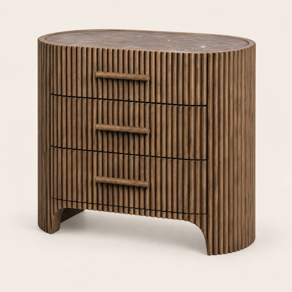 Petite commode ovale cannelée, plateau en marbre, vue de trois quarts